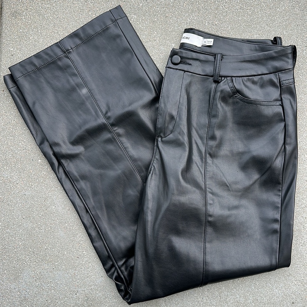 ICHI | Black Faux Leather Pants Wider Leg Straight